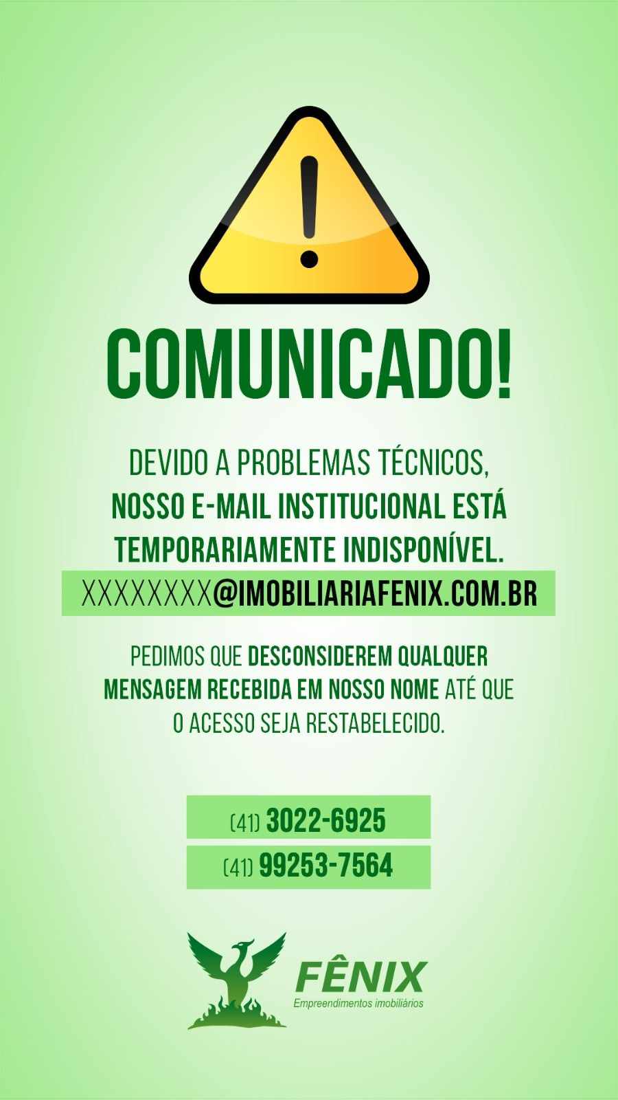 Aviso de instabilidade no e-mail institucional